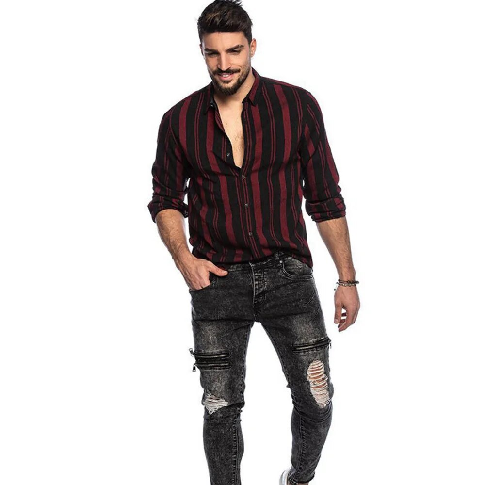 Herren Casual Langarmhemd Gestreiftes Slim Fit Top Mehrfarbiges Revers Modetrend_voghion.com