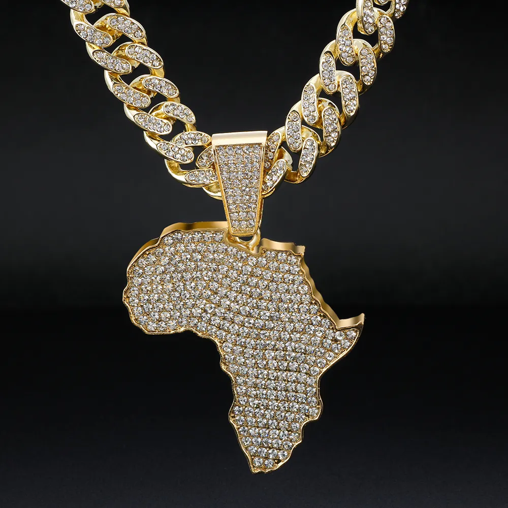 Mode Kristall Afrika Karte Anhänger Für Frauen Männer Hip Hop Zubehör Schmuck Halskette Choker Cuban k Kette Geschenk_voghion.com