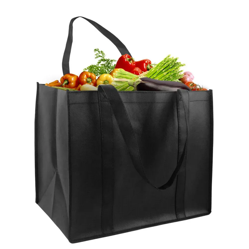 Non-Woven Black And Gray Simple Foldable Portable Eco-Friendly Large Capacity Reusable Grocery Duty Shopping Bags Totes_voghion.com