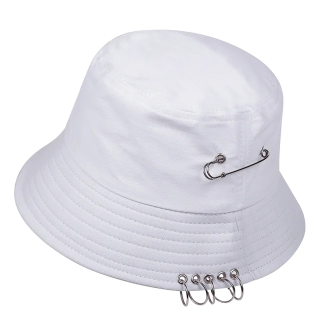 Nieuwe aankomsten Effen kleur ijzeren speld ringen persoonlijkheid Bucket Hat pet voor unisex vrouwen mannen katoenen vissersmutsen_voghion.com