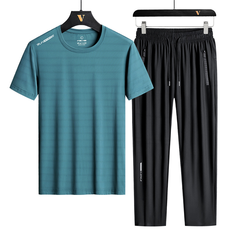 Men's Ice Silk Sports Suit Men's Youth Running Suit Quick-Drying Casual Short-Sleeved T-Shirt Trousers Sports Two-Piece Suit_voghion.com