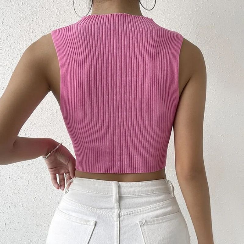 Damen Pullover Top Sexy Hohle Spitze Solide Kurze Passform Gestrickte Tank Tops_voghion.com