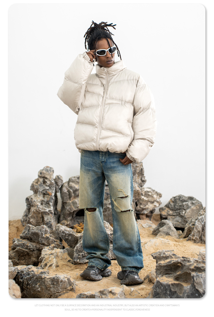 Men's Puffer Jacket Stand Collar Solid Colour Cotton Coat_voghion.com