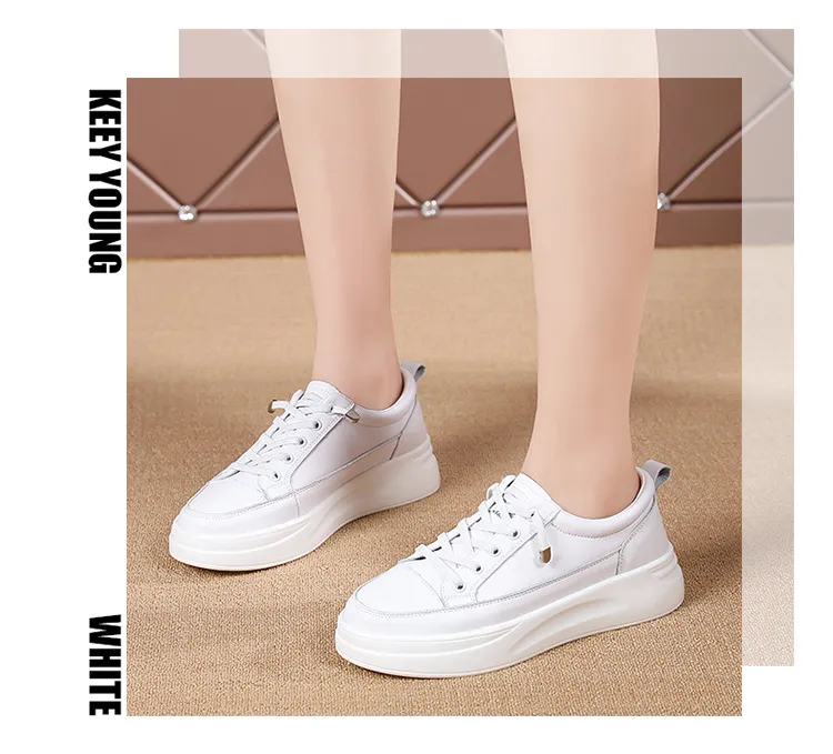 Γνήσιο Δερμάτινο Γυναικείο Κορεατικό Μικρό Λευκό Άνοιξη-Καλοκαίρι Σφουγγάρι Κέικ με Χοντρές Σόλες και Δαντέλα Αθλητικά Παπούτσια_voghion.com