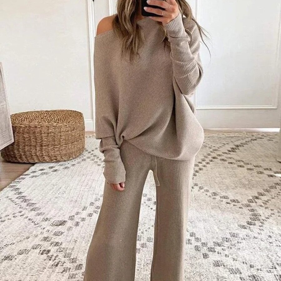 Women's Clothing solid color round neck long sleeved casual two piece suit
