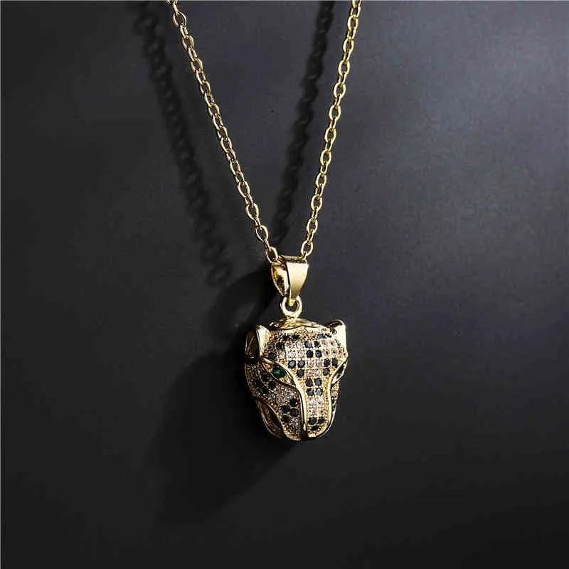 Leopard Head Pendant Necklace Gold Plated Cubic Zirconia Jewelry_voghion.com