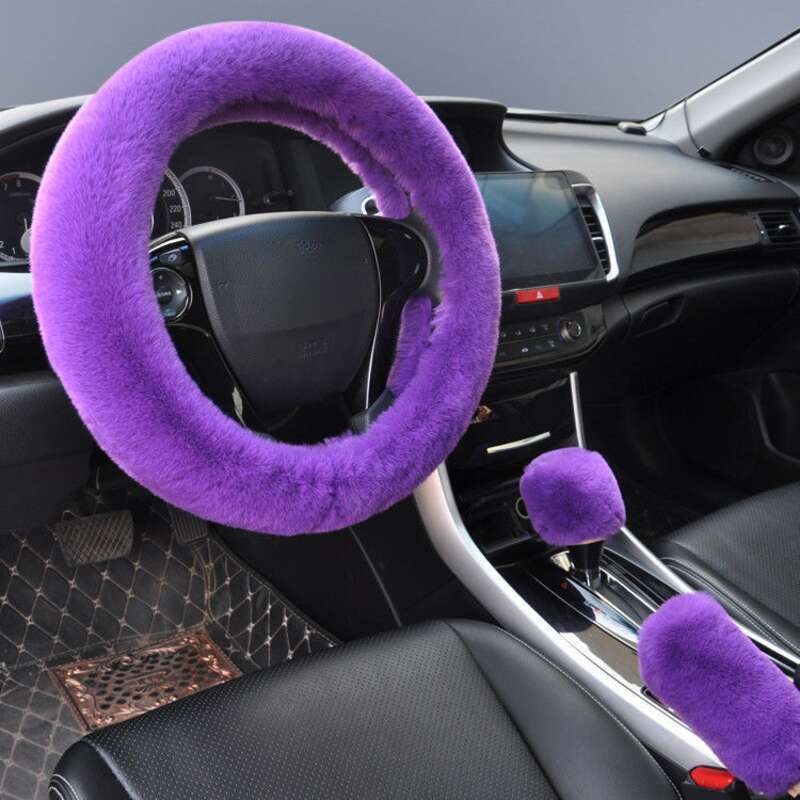 Steering Winter Otter Rabbit Fur Car Steering Wheel Plush Cartoon Handle Cover Three Piece Set Universal_voghion.com