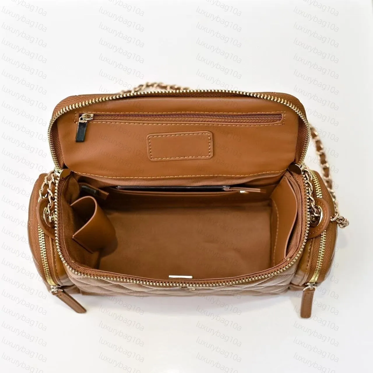 Lammfell-Kamera, gesteppt, Reißverschluss, Kosmetiktasche, tragbar, Ledergriff, Tragetasche, Make-up-Box, Gold, Matelassé_voghion.com