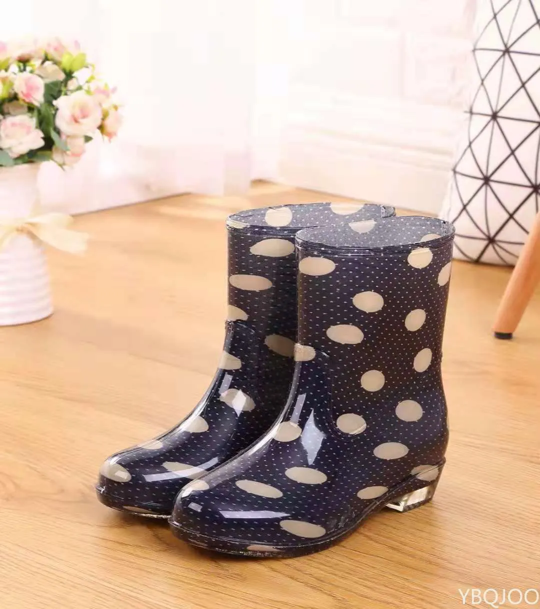 Printed for women work anti and non slip PVC waterproof shoes mid calf rain boots 241031_voghion.com
