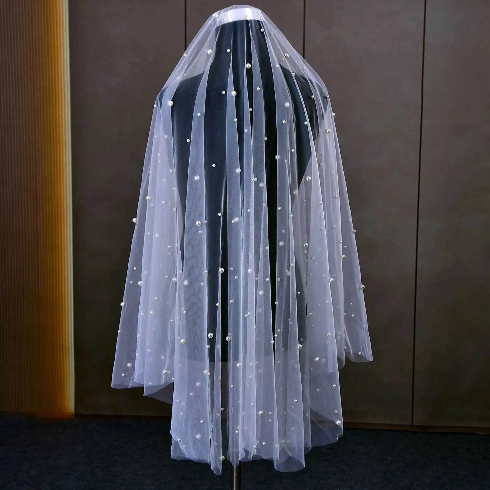 Bijoux de cheveux 2 voiles à nouer, voiles de mariée perlés avec peigne, bord brut, longueur coude, accessoires de mariage_voghion.com