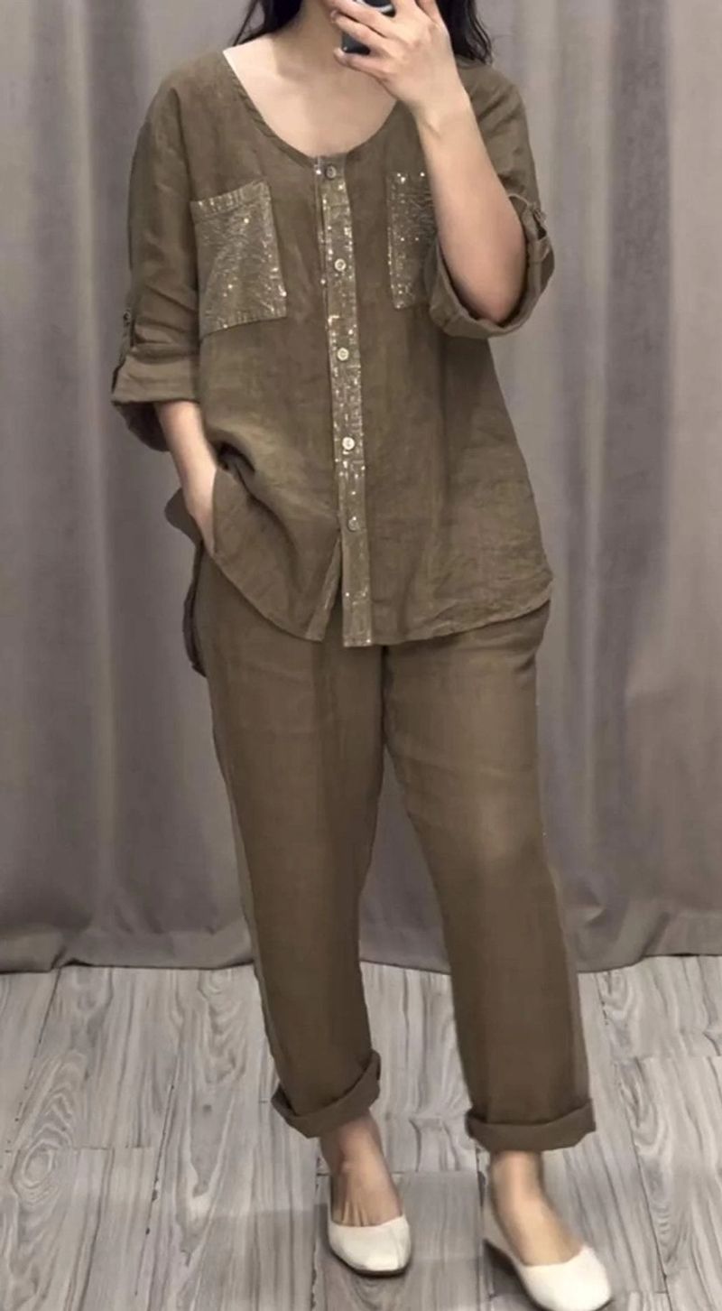 Women's clothing solid color cotton and en sequin two-piece suit_voghion.com