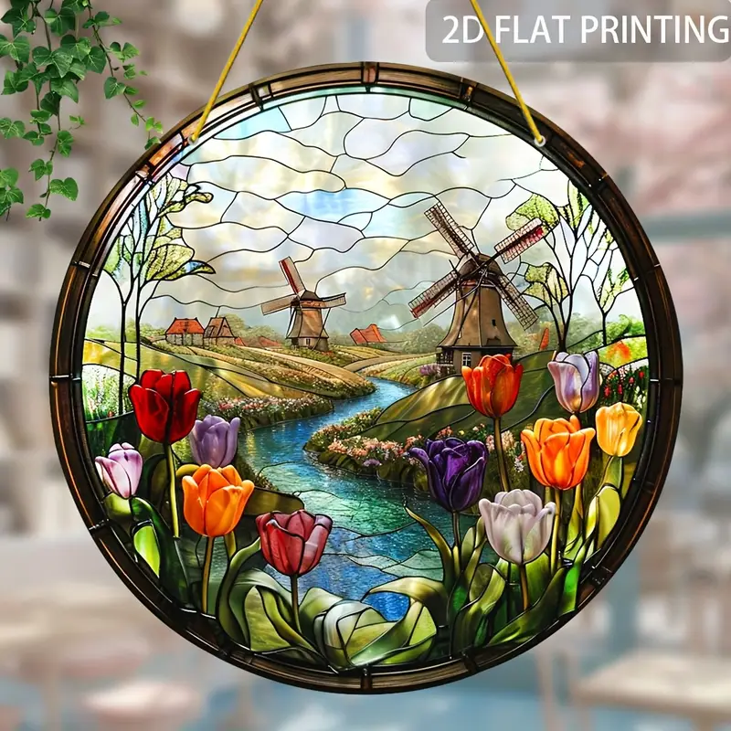Windmill & Tulips Suncatcher - Vibrant Stained Glass-style Acrylic. Perfect For Mother's Day, Living Room,or Office Decor. Classic Round Hanging Panel_voghion.com