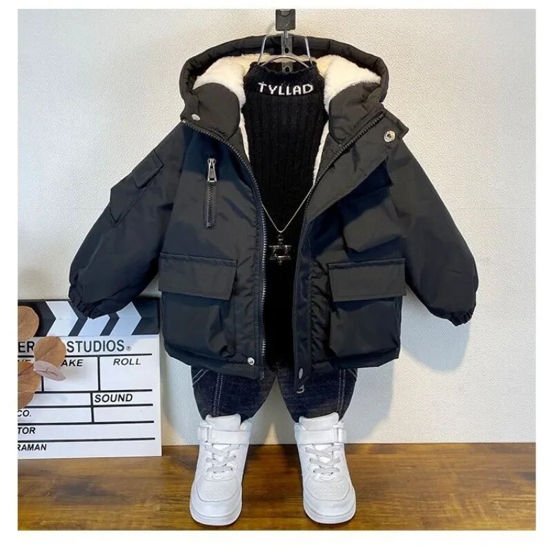 Nova jaqueta de algodão para inverno, casaco preto com capuz para meninos, roupas para crianças, adolescentes de 3 a 8 anos, parka acolchoado, traje de neve_voghion.com