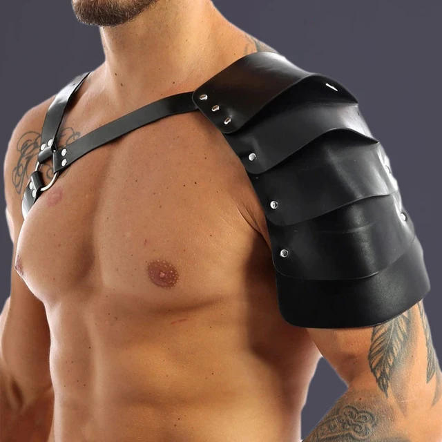 Men Harness One Strap PU Leather Men Bondage Gay Lingerie Adjustable Body Chest Bondage Costume Cosplay with Shoulder Armors_voghion.com