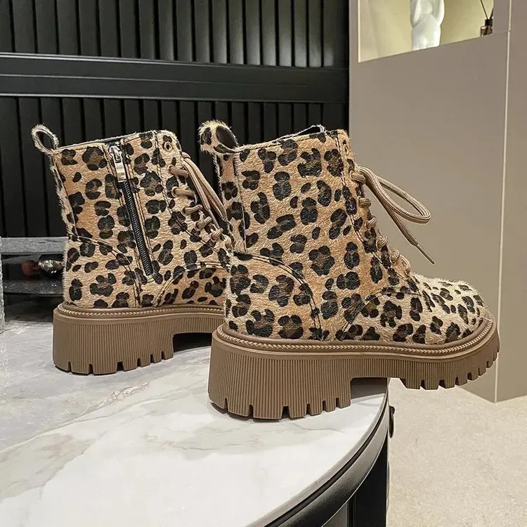 Leopard Pattern Ankle Boots For Women Winter Platform Shoes_voghion.com