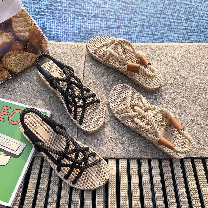 Sandali da spiaggia intrecciati in corda da donna, scarpe basse_voghion.com