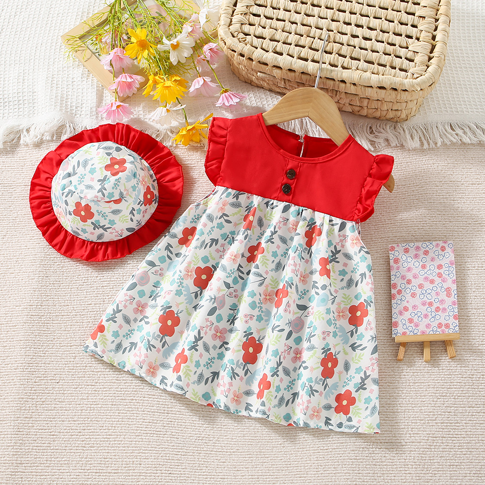 Neugeborenes Mädchen Kleid mit Blumenmuster im Urlaubsstil Kleid für Kinder mit Hut_voghion.com
