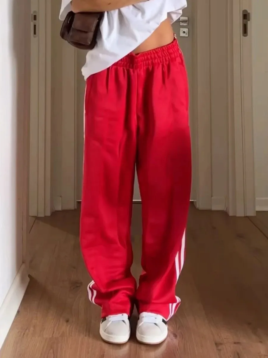 Women Y2k Wide Leg Track Pants Baggy Side Striped Joggers Sweatpants Elastic Waist Color Block Parachute With Pockets_voghion.com