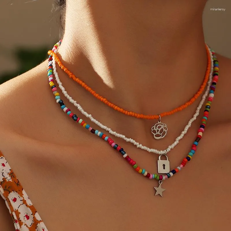 Collane con ciondolo 3 pezzi/set Outer Banks perline colorate per donne collana vintage con fiore e stella collana boho alla moda catena girocollo_voghion.com