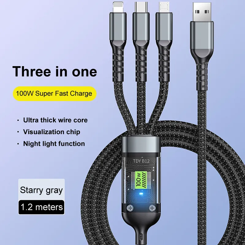 New Transparent LED Night Light Fast Charging Supports 100W 3 In 1 USB Charger Mobile Phone Type C Data Cable For Iphone_voghion.com