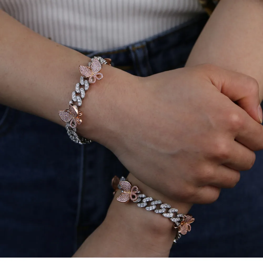 gül gümüş rengi cz küba bacak zinciri moda kadın bling buzlu bağlantı pembe kelebek bilezik takı_voghion.com