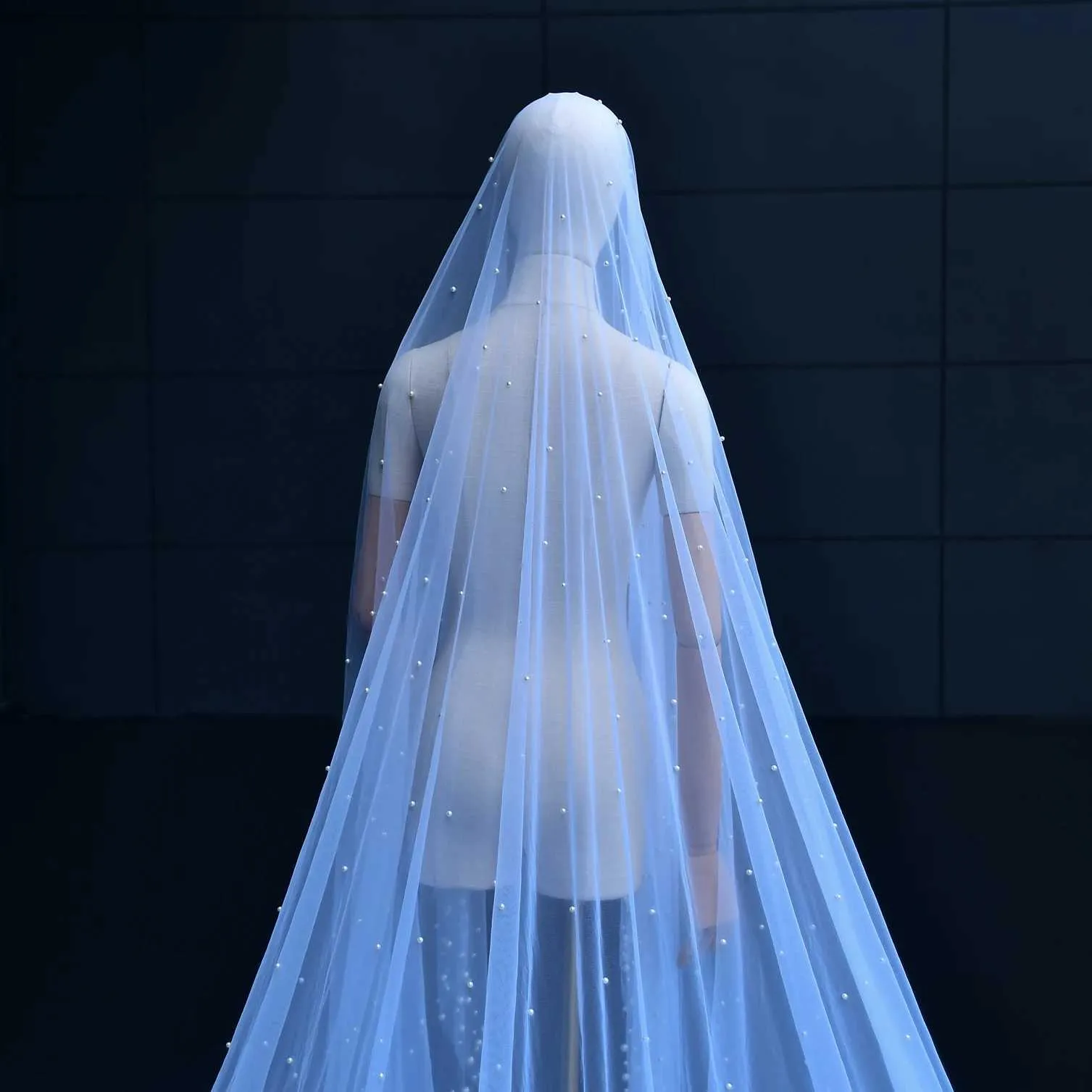 Hair Jewelry V66 Pearls Beaded Bridal Church 3M Long Cathedral Veils No Comb Nail Pretty Wedding Accessories 1 Tier Soft_voghion.com