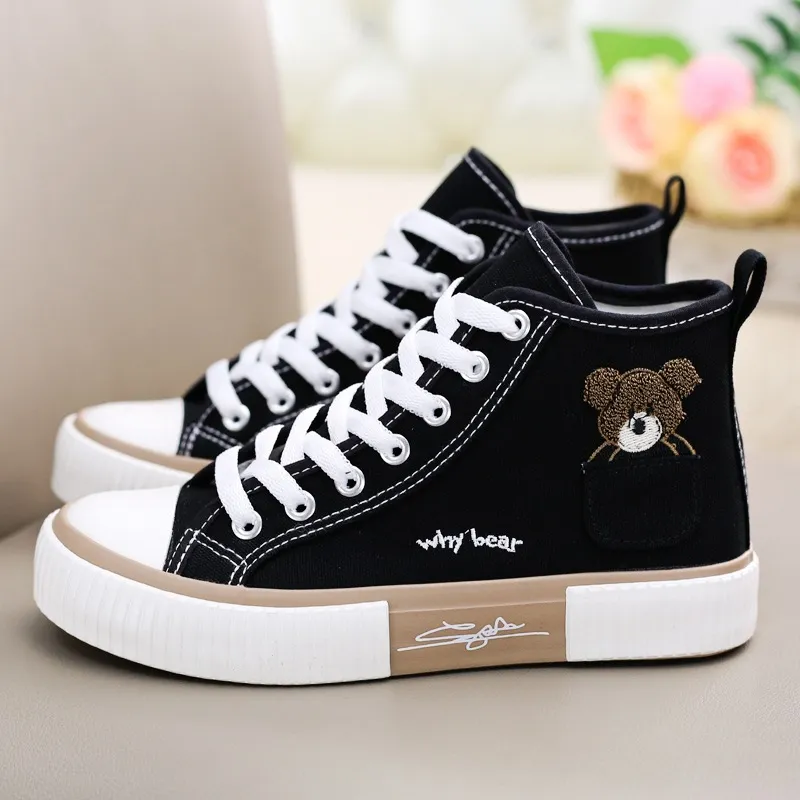 Comemore High-Top Canvas Frau Vulkanisierte Schuhe Wohnungen Casual Espadrilles Für Frauen Frühling Dame Schwarz Weiß Bär Lace Up_voghion.com