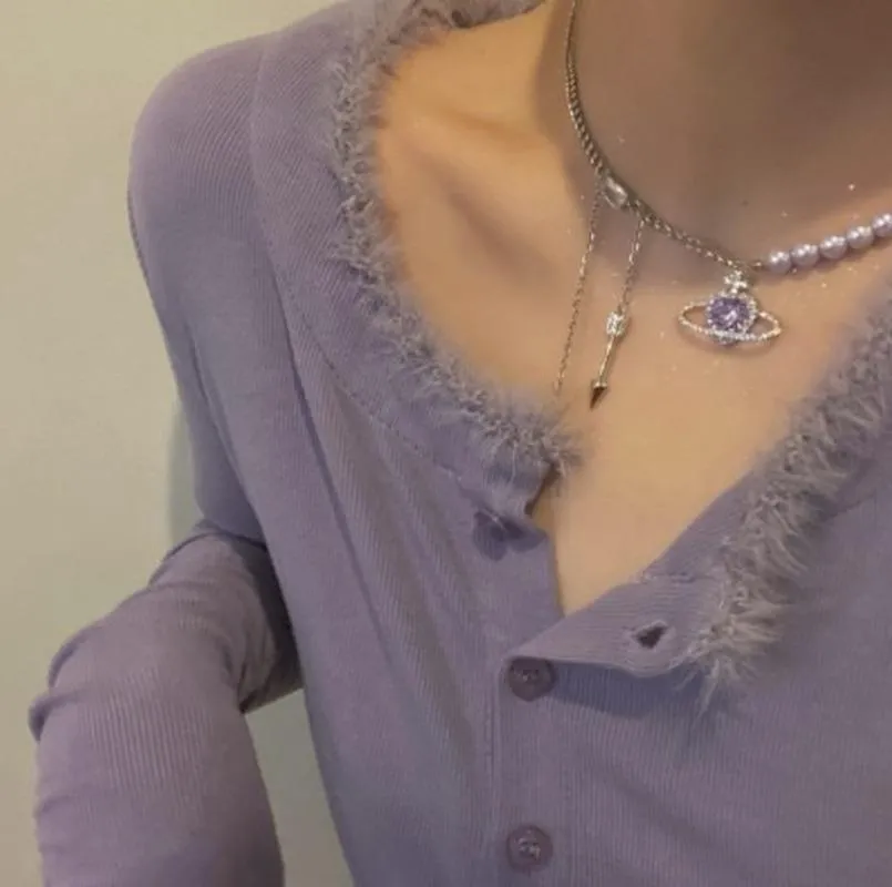 Collane con ciondolo a forma di cuore in cristallo viola Collana con universo per donna Squisita collana con perline di perle Catena girocollo Festa_voghion.com