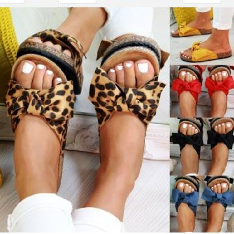 Plus Size Bowknot One-Strap For Women Leopard Print Suede Flat Sandals Slippers_voghion.com