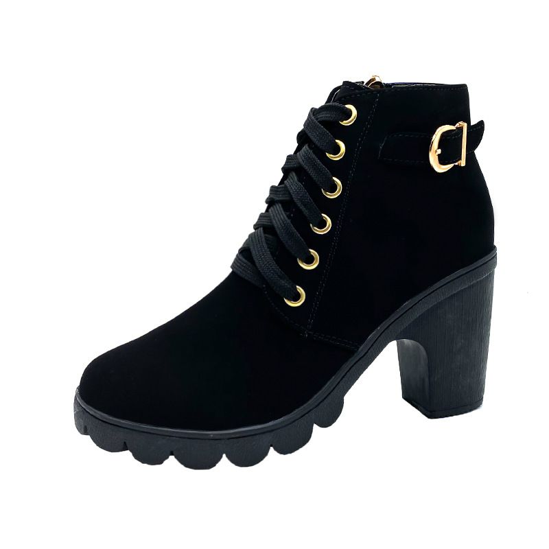 Herbst High Single Gürtelschnalle Schuhe Dicker Absatz Kurzer runder Kopf Martin Damen Schnürung und nackte Ritterstiefel_voghion.com