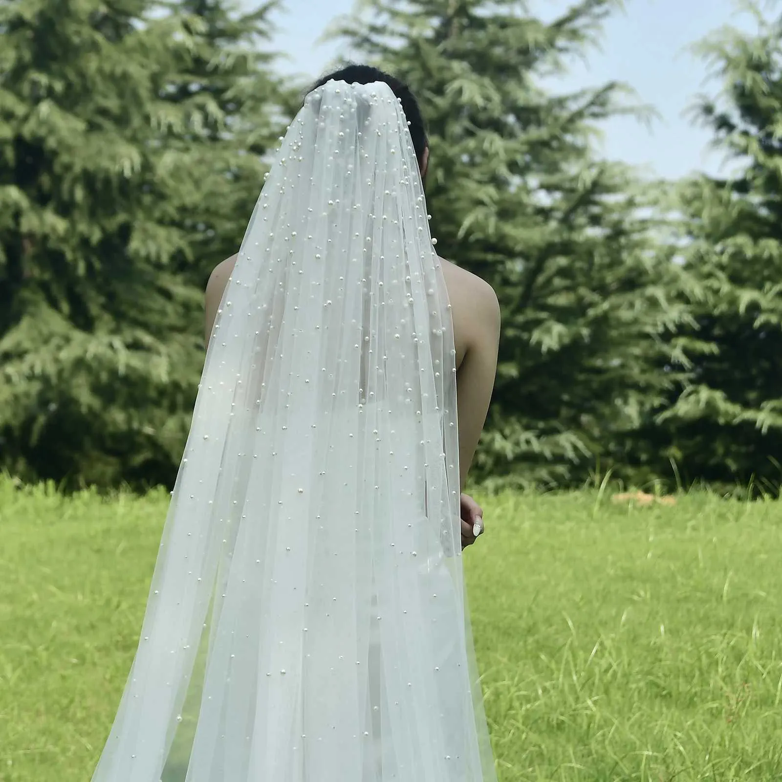 Gioielli per capelli V139a Veli da sposa con perline Velo extra lungo da cattedrale Lunghezza 3 metri con pettine Accessori da sposa_voghion.com