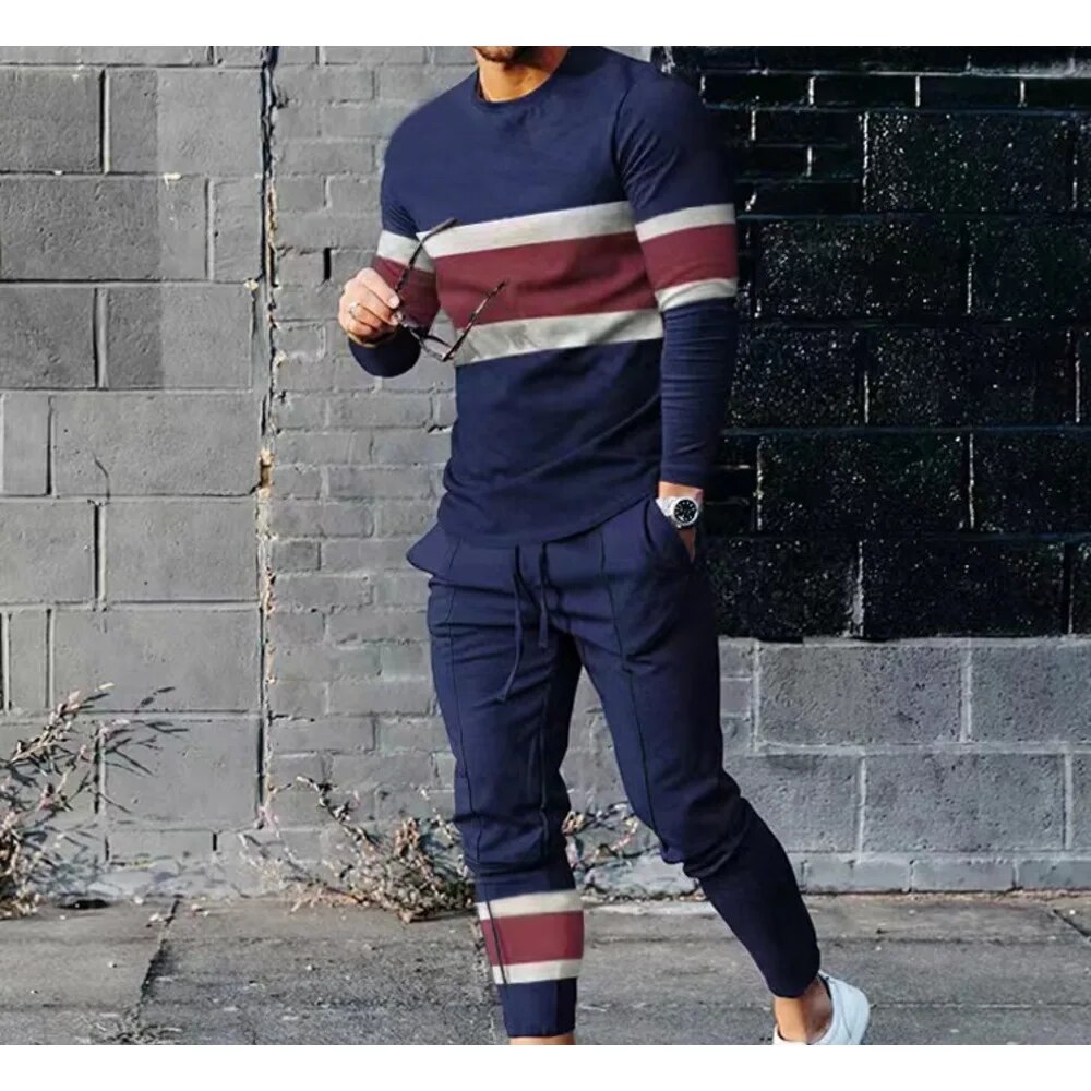 Ensemble deux pièces pour hommes, vêtements de loisirs, col rond, imprimé numérique 3D, printemps et automne_voghion.com
