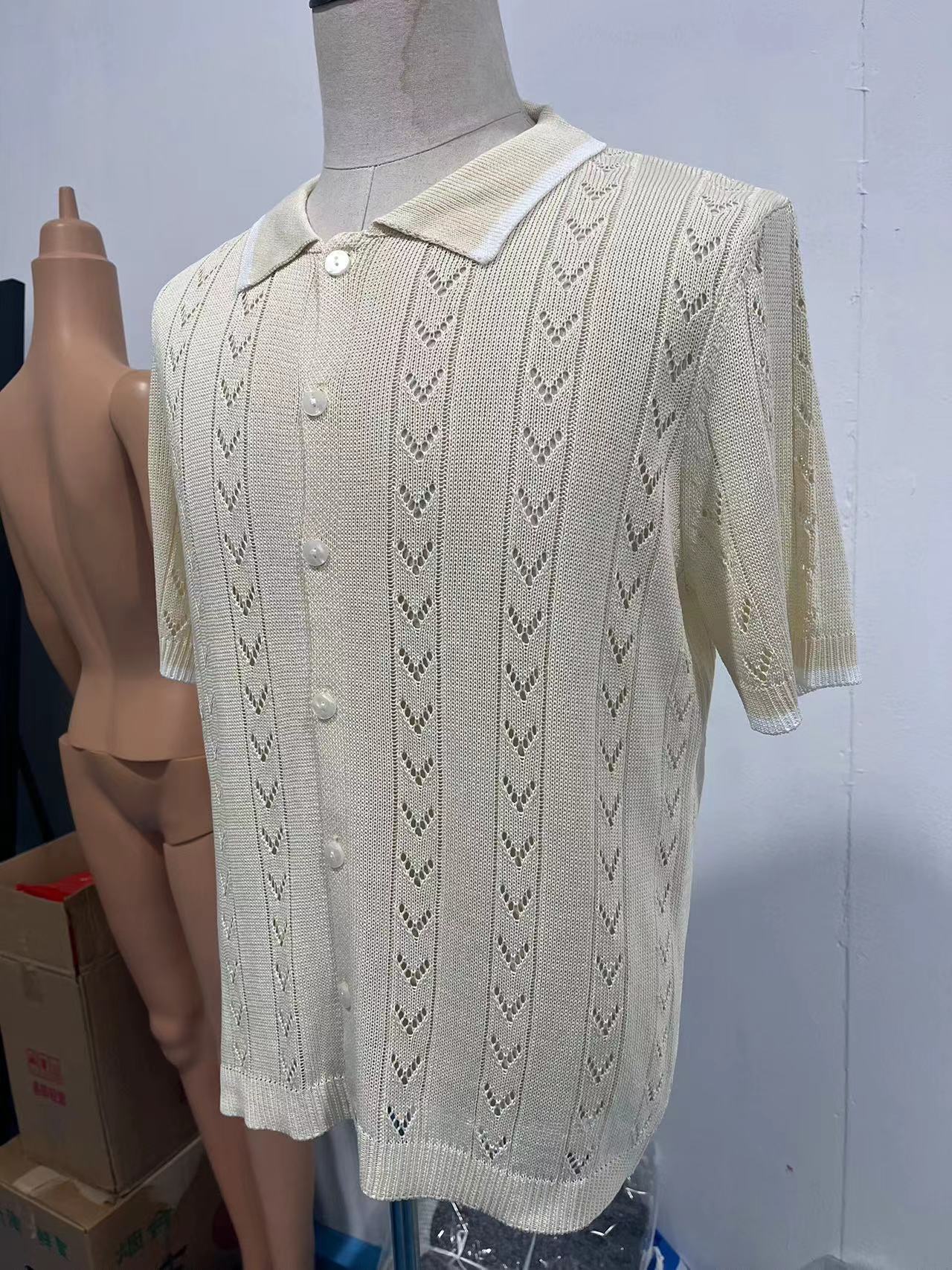 Men's Clothing Casual Knitted Solid Color Short Sleeved Splicing Hollow Breathable Tops_voghion.com