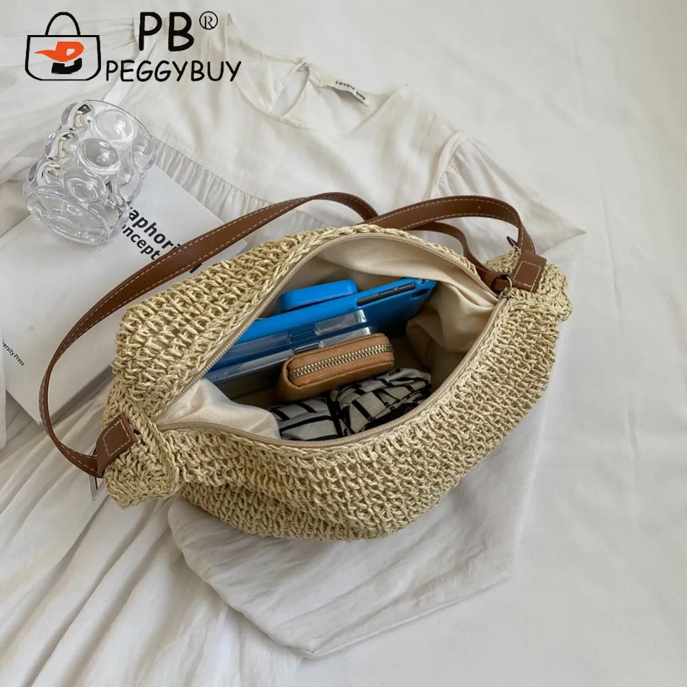 Bolsas de mão feitas à mão, de palha, com corda de papel, fashion, casual, simples, elegante, com alça ajustável, para praia, verão_voghion.com
