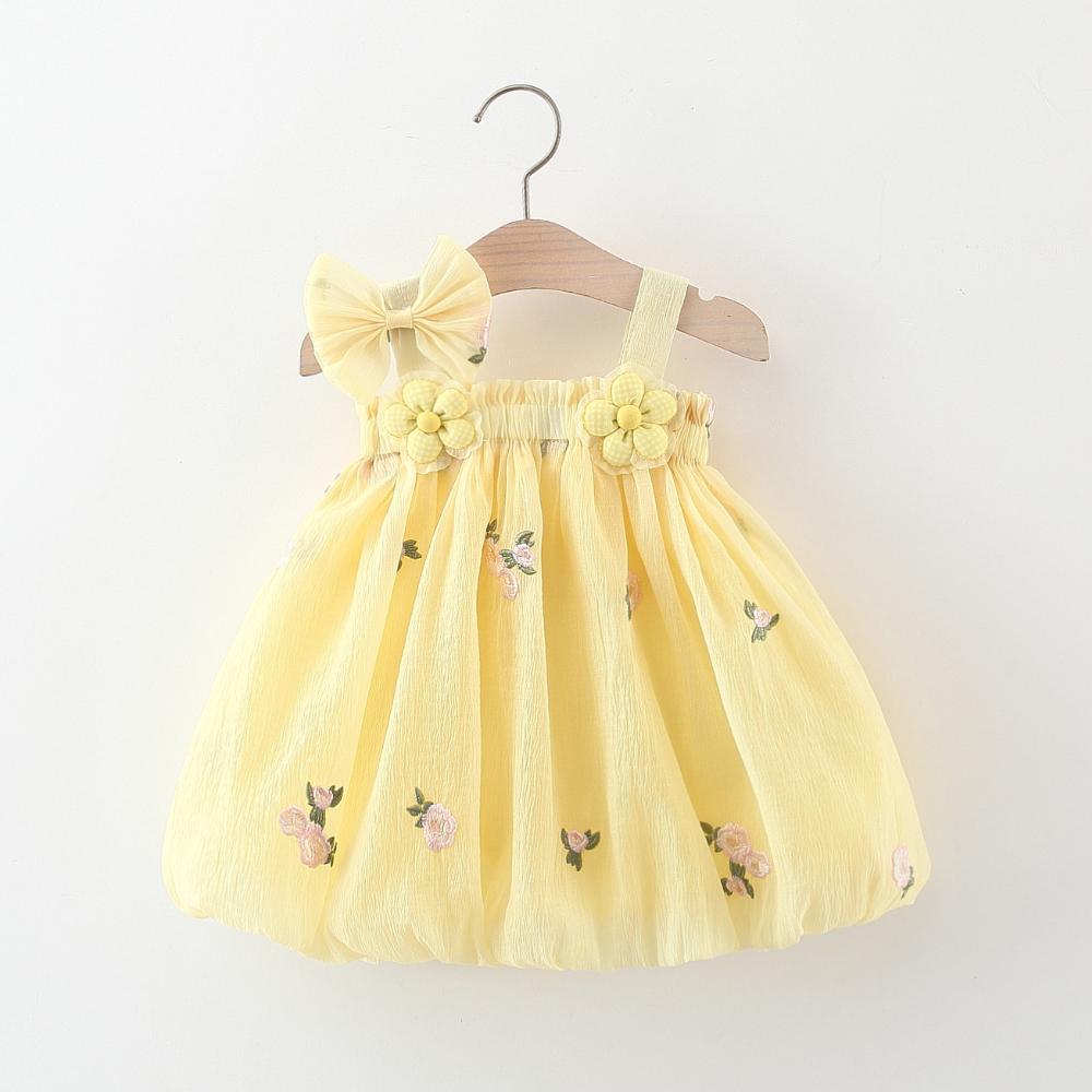 Babymeisje zomer chiffon jurk bloem geborduurd gele jurk Koreaanse stijl kinderkleding_voghion.com