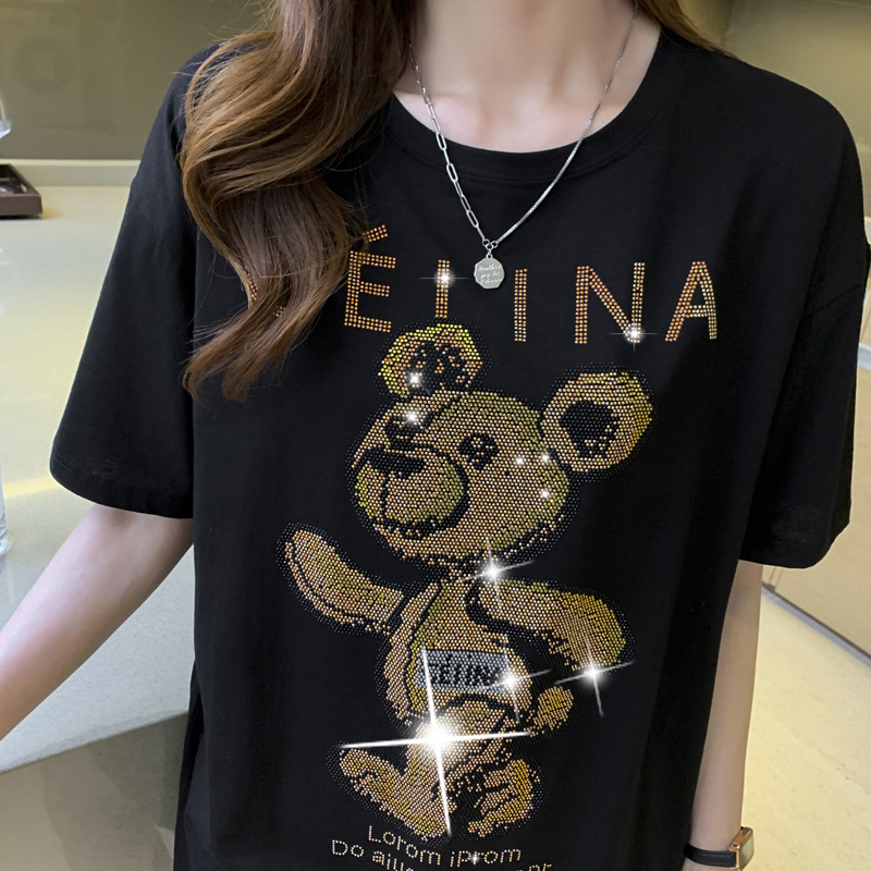 T-shirt estiva a maniche corte nera Bear Hot Diamond da donna in cotone pettinato, versione ampia di media lunghezza_voghion.com
