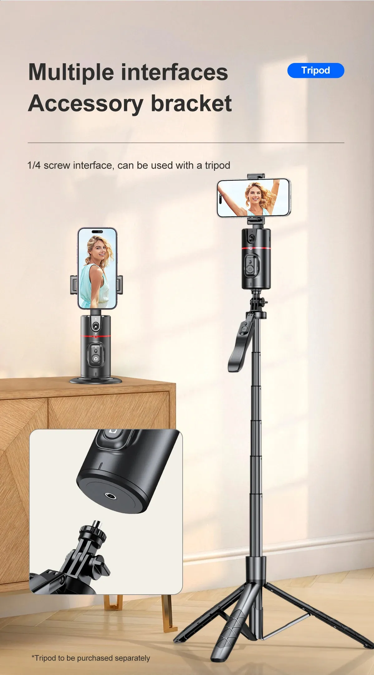 Selfieshow P02 Gimbal 360 Rotation AI Automatic Tracking Shooting Stabilizer Detachable Phone Clip Mini Selfie Stick_voghion.com