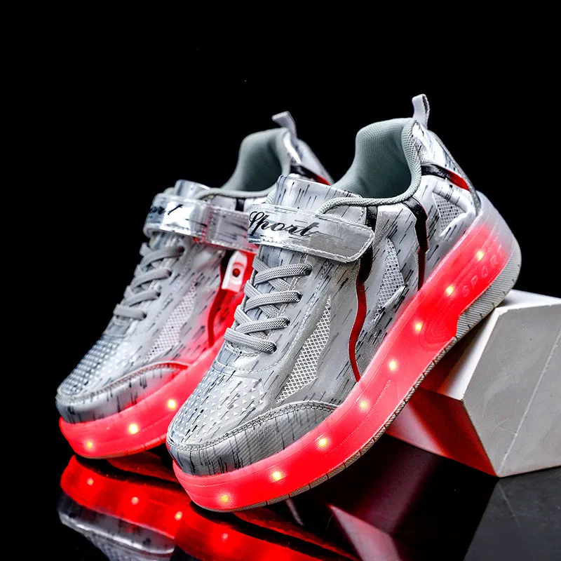 Kinderen Twee Wielen Lichtgevende Gloeiende Sneakers Zwart Roze Licht Roller Skate Kinderen Led Schoenen Jongens Meisjes USB Opladen_voghion.com
