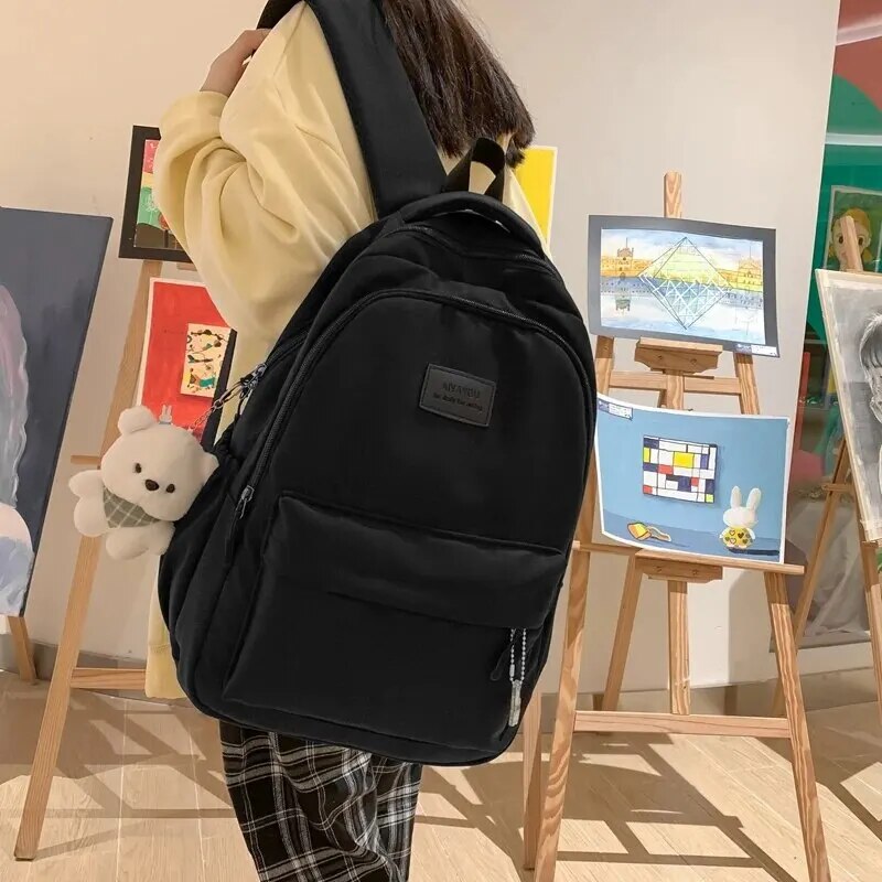 Waterproof Teenage Bookbag Nylon Rucksack Fashion Girl Backpack Women Shoulder Bag High School Schoolbag Black_voghion.com