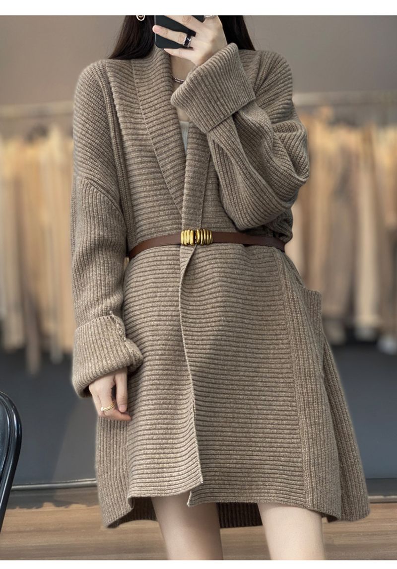 Women's Clothing 2023 mid length lazy style knitted cardigan women's loose design lapel thickened solid color sweater_voghion.com