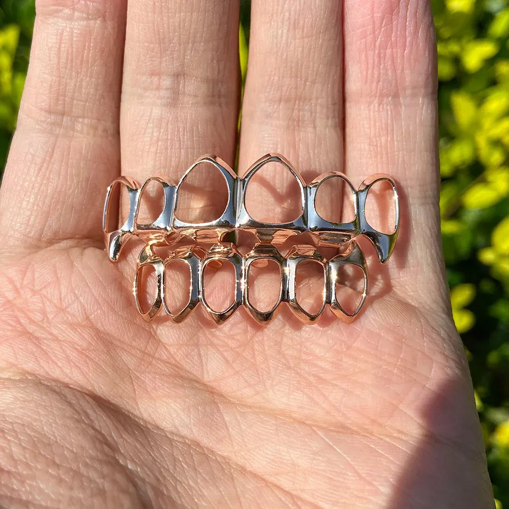 RACHELZ Fashion 6/6 Denti completamente cavi 14K placcati oro Dentiere Decor Bretelle Zanne Griglie dentali per uomo Donna Gioielli_voghion.com