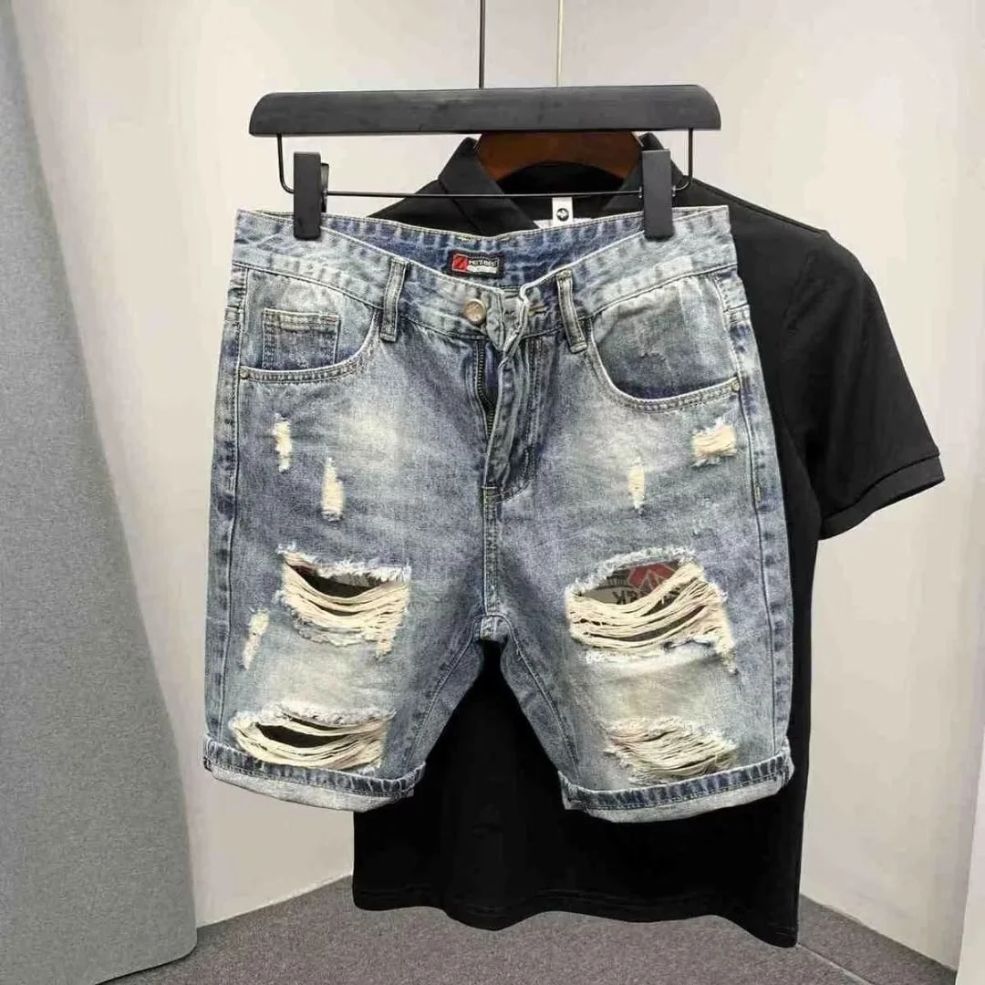 Hommes droit lâche mode coréenne Denim pantalons courts trous été cinq pièces Jeans Shorts