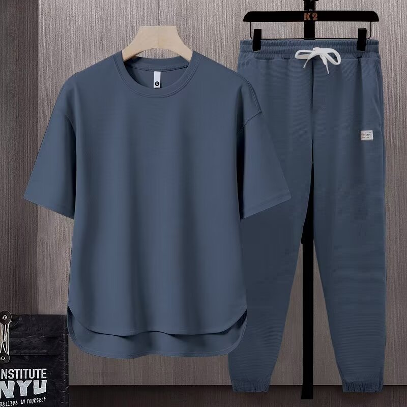 Loose Fit Solid Color Men’s T-Shirt 2025 Summer Trendy Ins Style Short Sleeve Long Pants Two-Piece Set