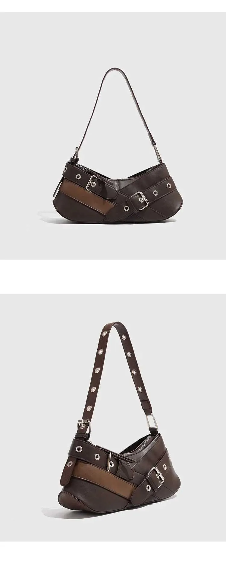 Retro belt decoration shoulder designer armrest punk motorcycle bag Pu leather womens handbag Y241216_voghion.com