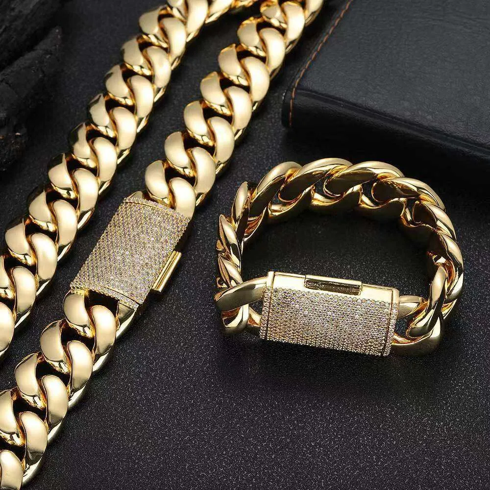 Brățară Miami Cuba Link Designer pentru bărbați, lățime 12mm, 14mm, 16mm, 18mm, 20mm, lanț de aur, set micro, cataramă cu diamant și moissanit, Rap_voghion.com