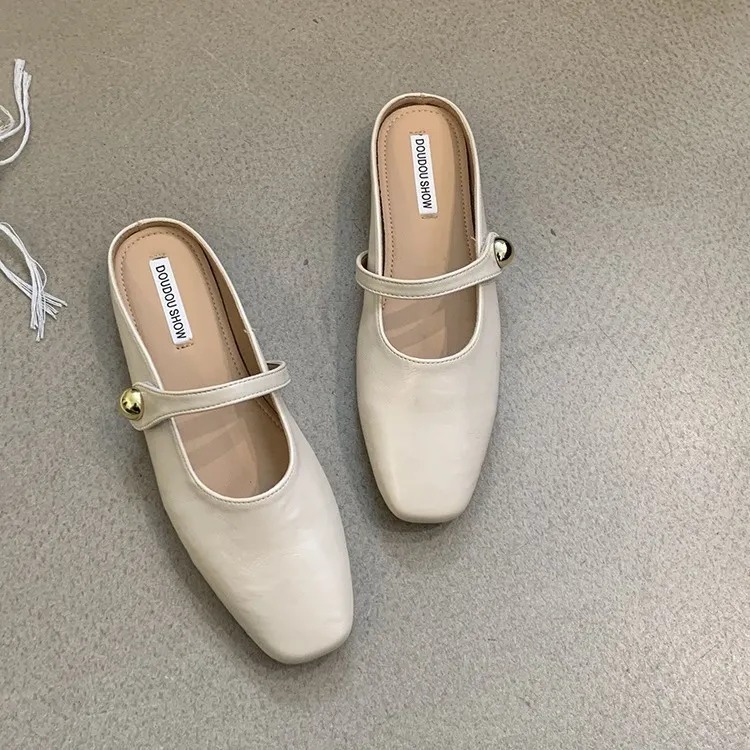 Flats Klasik Elbise Sandalet Kadın Sier Bej Kahverengi Bilek Tokalı Ayakkabı Yazlık Terlikler_voghion.com