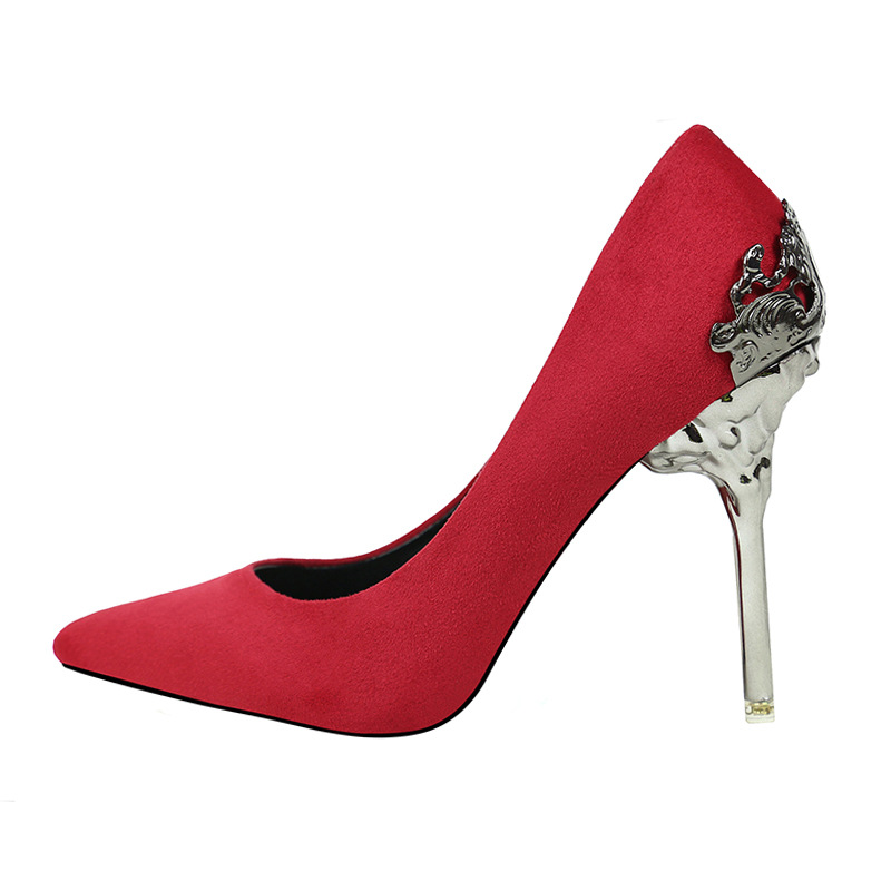 Pointed single shoes Women's wedding shoes Red bridal shoes Metal hollow-out suede stiletto heels_voghion.com