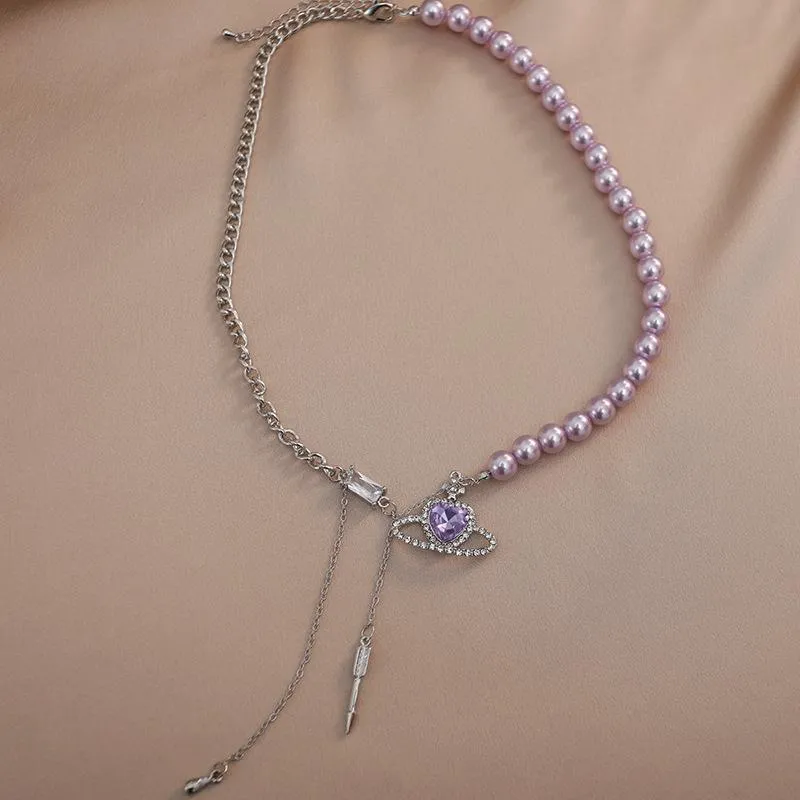 Collane con ciondolo a forma di cuore in cristallo viola Collana con universo per donna Squisita collana con perline di perle Catena girocollo Festa_voghion.com