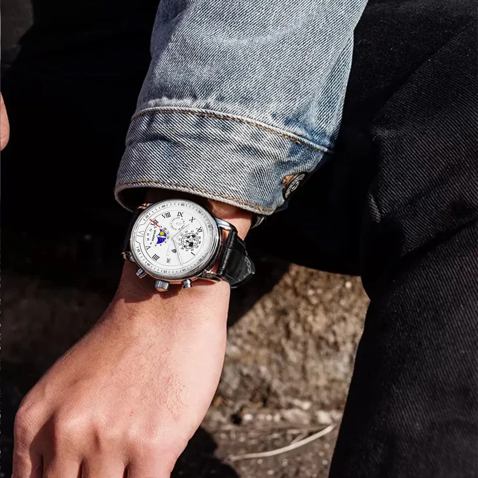 Mens Chronograph Leather Watch Waterproof Sport Automatic Date_voghion.com