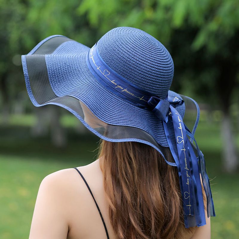 Women's Straw Hat Color Block Bow Summer Sun Hat Khaki Stylish_voghion.com